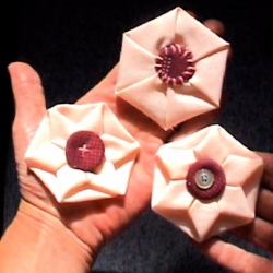 Double-faced Hexies with fabric-covered buttons made from scratch